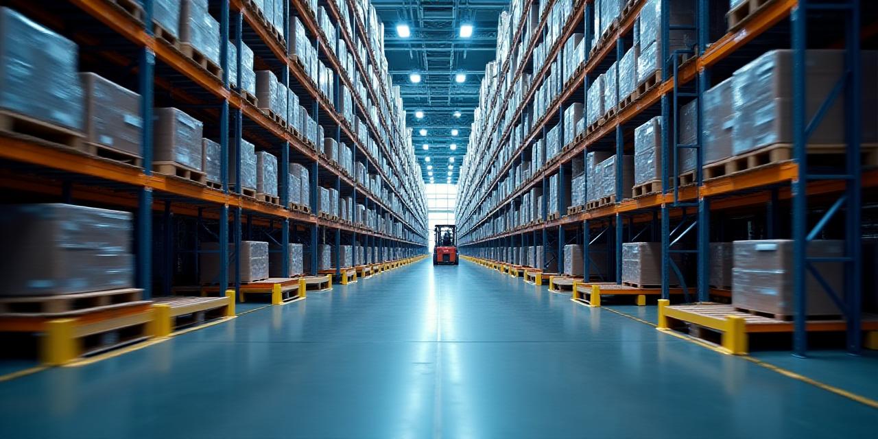 Automated warehouse interior with high shelving and forklifts